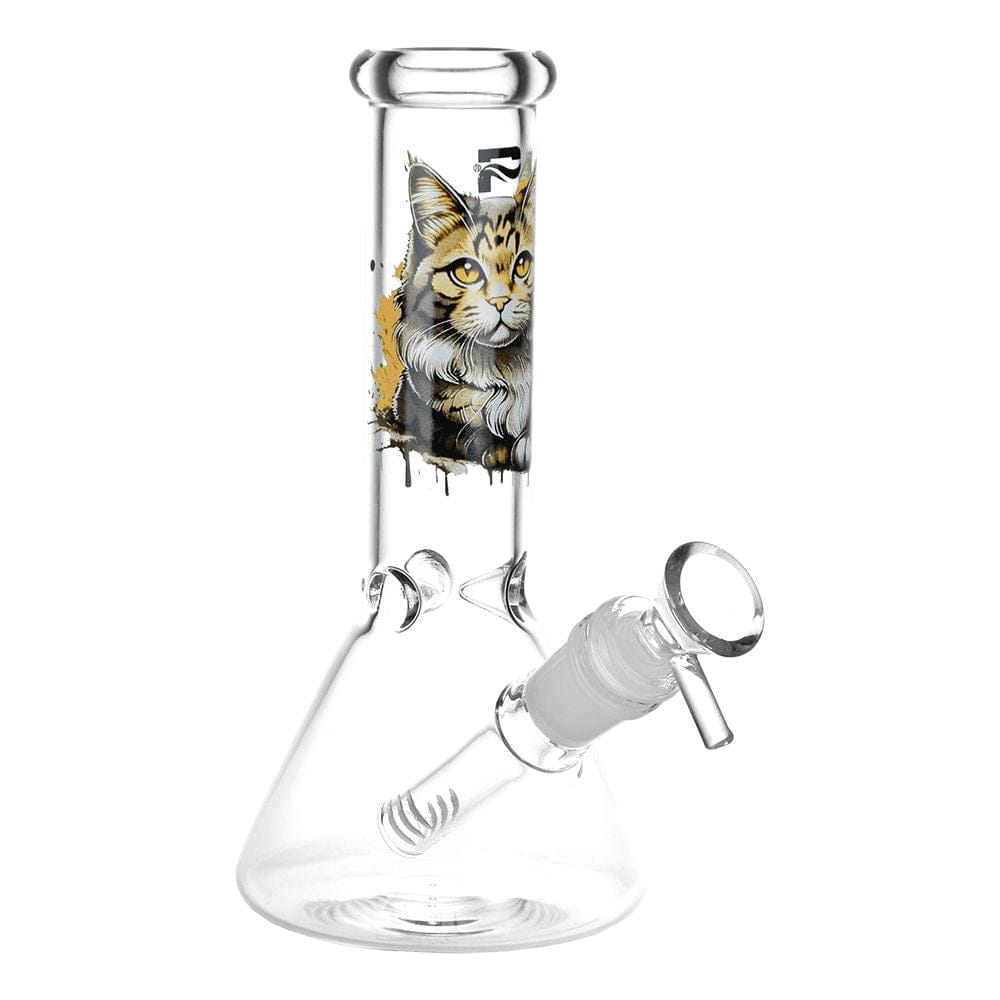 Front view of the Pulsar Majestic Cat Glass Bong - 7.75" / 14Mm F showing a clear beaker base and straight neck with a detailed cat illustration.