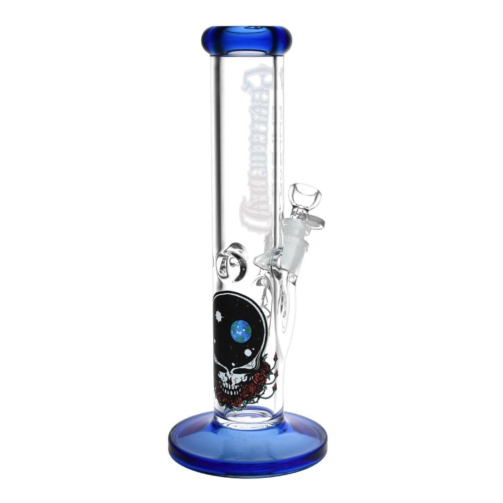Straight-on view of the Grateful Dead X Pulsar Space Your Face Straight Tube Glass Bong - 11.75" with blue rim and base.