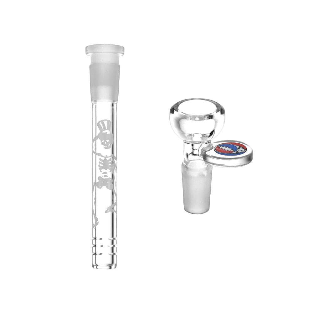 Clean studio shot of the Grateful Dead X Pulsar Space Your Face Straight Tube Glass Bong showing a clear straight downstem and matching bowl with a small Grateful Dead logo.