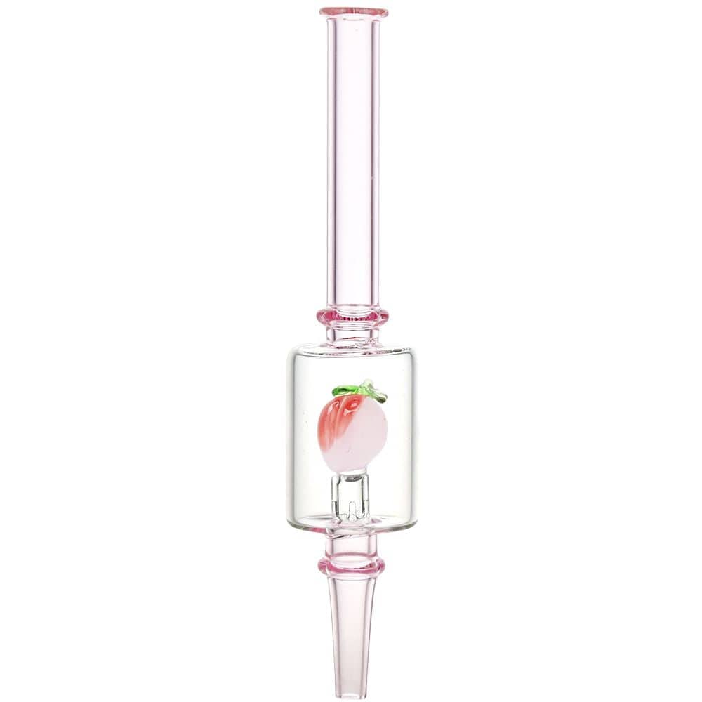 Top-down studio shot of the Pulsar Fruit Series Peaches & Cream Glow In The Dark Dab Rig Kit - 8" / 14Mm F showing a tall pink-tinted straight tube with a clear chamber featuring a small glass peach inside.