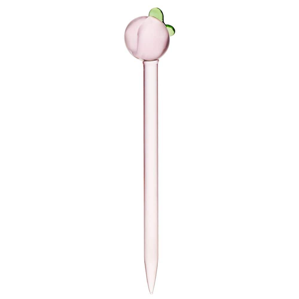 Vertical studio shot of a pale pink Pulsar Fruit Series Peaches & Cream Glow In The Dark Dab Rig Kit - 8" / 14Mm F glass dab tool topped with a round peach-shaped head and tiny green leaves.