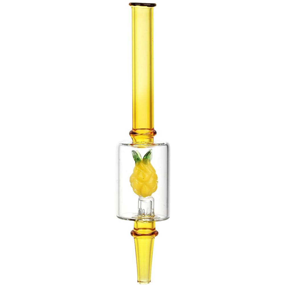 Centered front view of the Pulsar Fruit Series Pineapple Express Glow In The Dark Dab Rig Kit - 8" / 14Mm F showing a yellow tube with a clear chamber housing a small pineapple figure.