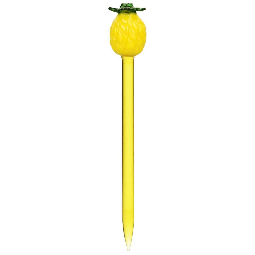 Centered vertical studio shot of the Pulsar Fruit Series Pineapple Express Glow In The Dark Dab Rig Kit - 8" / 14Mm F showing a yellow pineapple-topped glass dabber on white.