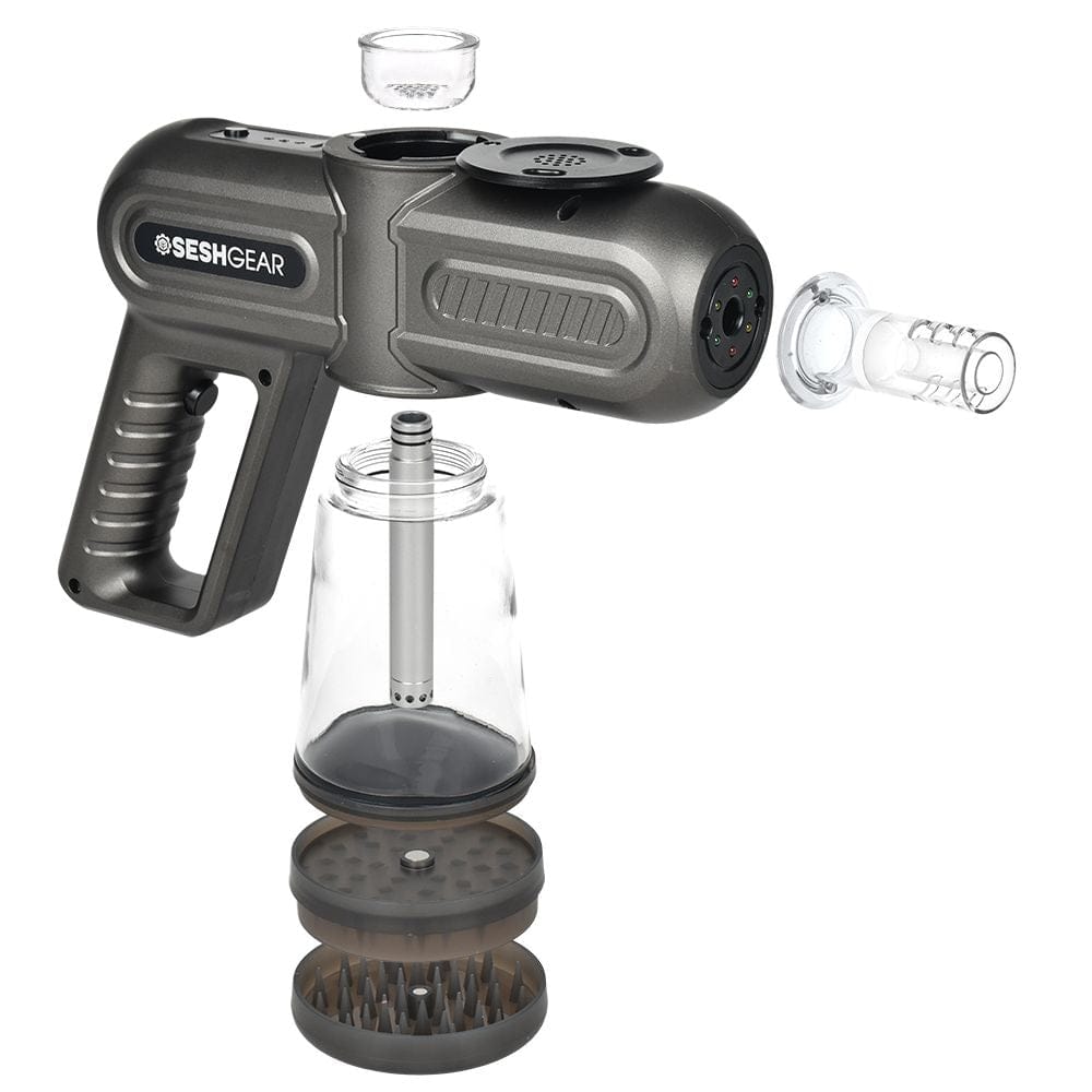 Angled front view of the black SeshGear Super Smoker Smoke Thrower Bong - 1500Mah / Black with its handle, clear water jar and disassembled chamber pieces visible.