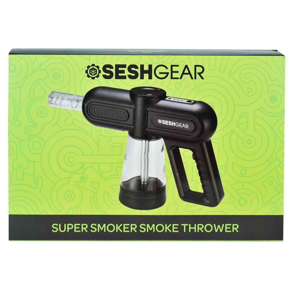 Front three-quarter view of the black SeshGear Super Smoker Smoke Thrower bong against a bright lime green patterned box background.