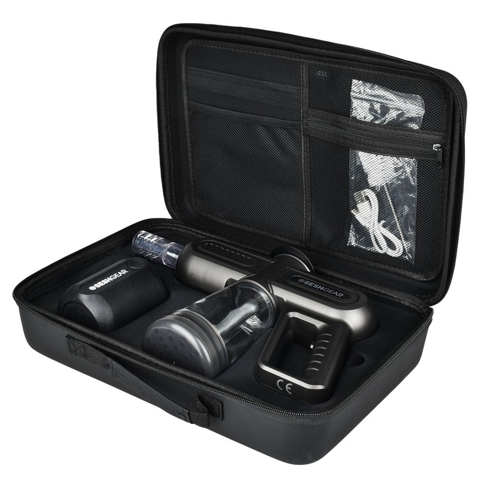 Angled view of the black SeshGear Super Smoker Smoke Thrower Bong - 1500Mah / Black nestled in a zippered foam-lined case with mesh pockets and accessories.