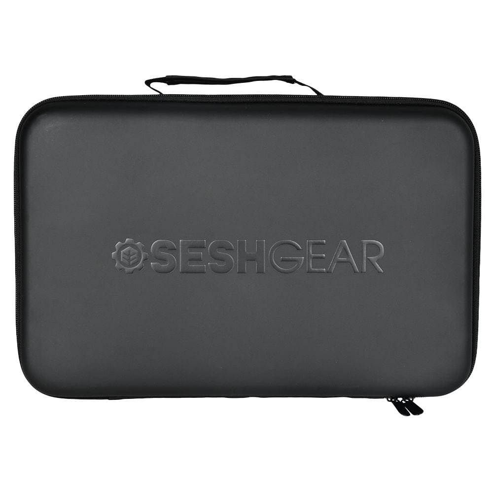 Top-down view of a matte black SeshGear Super Smoker Smoke Thrower Bong - 1500Mah / Black zippered carrying case with embossed logo and a small handle.