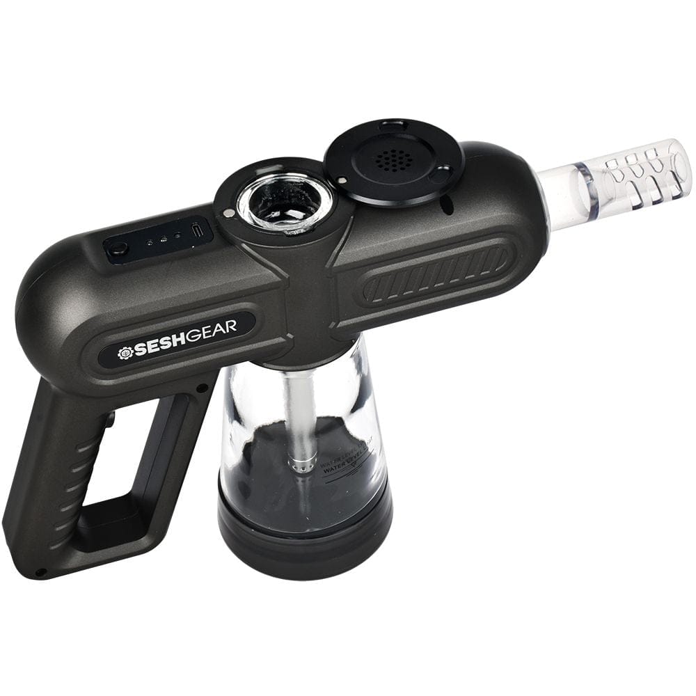 Angled top-down view of the black SeshGear Super Smoker Smoke Thrower Bong showing its handle, glass water chamber, and mouthpiece.