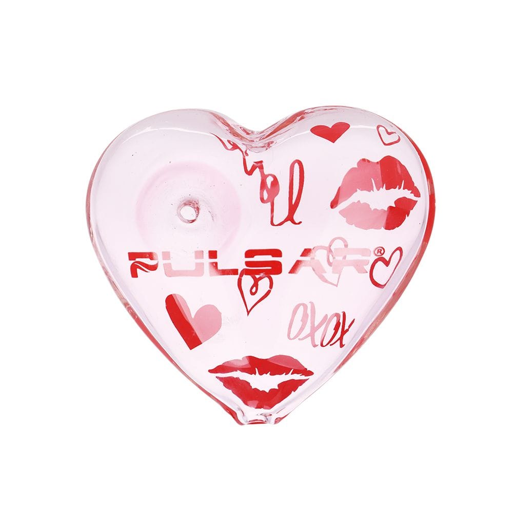 Top-down view of the Pulsar Valentine'S Xoxo Glass Beaker Water Pipe & Hand Pipe Set - 10" / 14Mm F heart-shaped pink glass piece decorated with red lips and hearts.