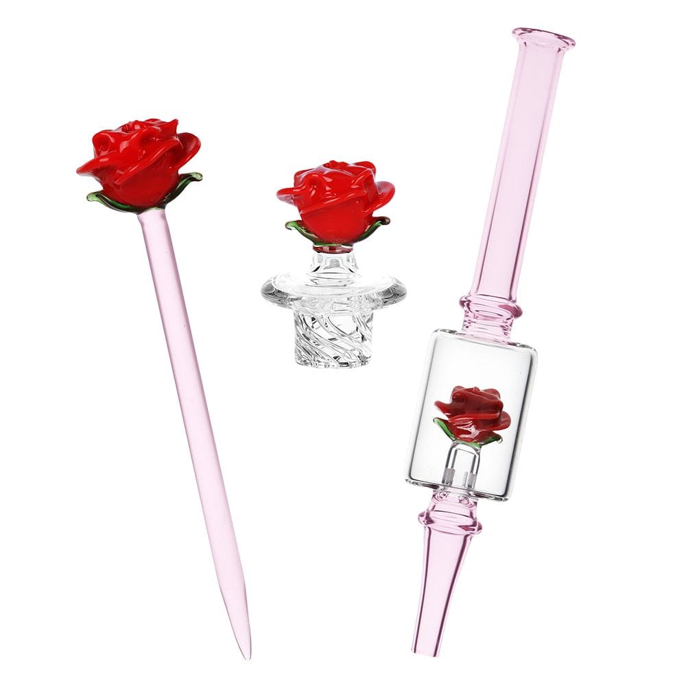 Front view of the Pulsar Valentine'S Rose Glass Dab Rig Set - 8.25" / 14Mm F showing three pink glass pieces with red rose accents against a white background