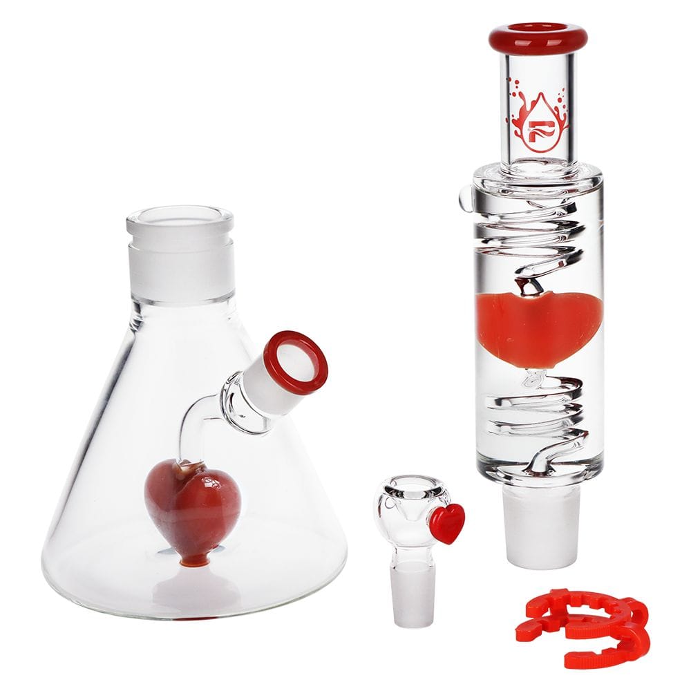 Studio-style front view of the Pulsar Love Heart Beat Glycerin Beaker Glass Water Pipe - 14" / 19Mm F showing clear glass pieces with red heart accents on a white background