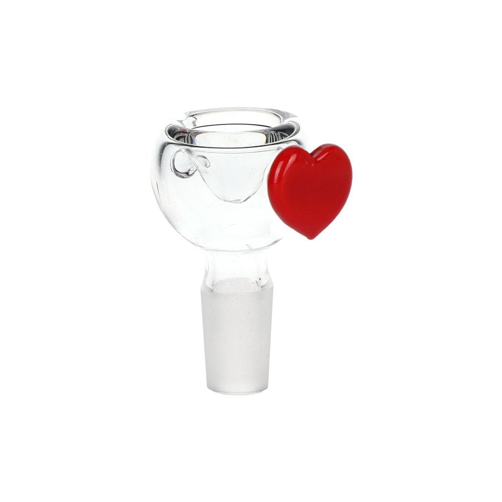 Front-facing close-up of the Pulsar Valentines Heart Vase Glass Water Pipe - 8.25" / 14Mm F with its clear glass bowl accented by a small glossy red heart on a white background