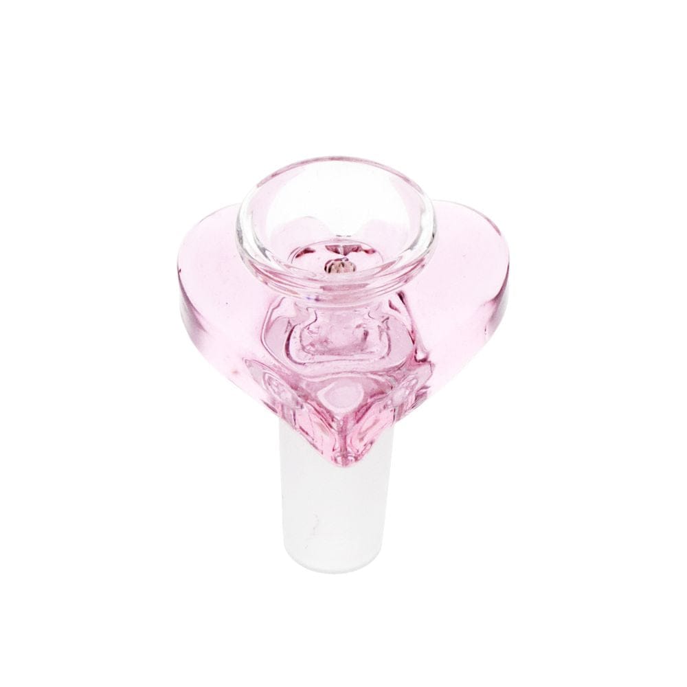 Top-down view of the Pulsar Double Kiss Heart Glass Water Pipe - 11" / 14Mm F showing a translucent pink heart-shaped bowl against a white background.