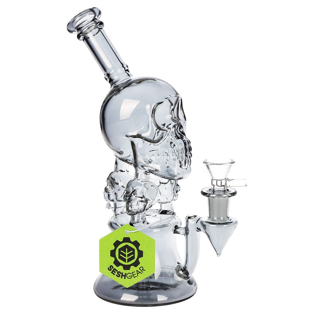 SeshGear Stacked Skulls Electroplated Glass Water Pipe - 9" / 14mm F / Smoke