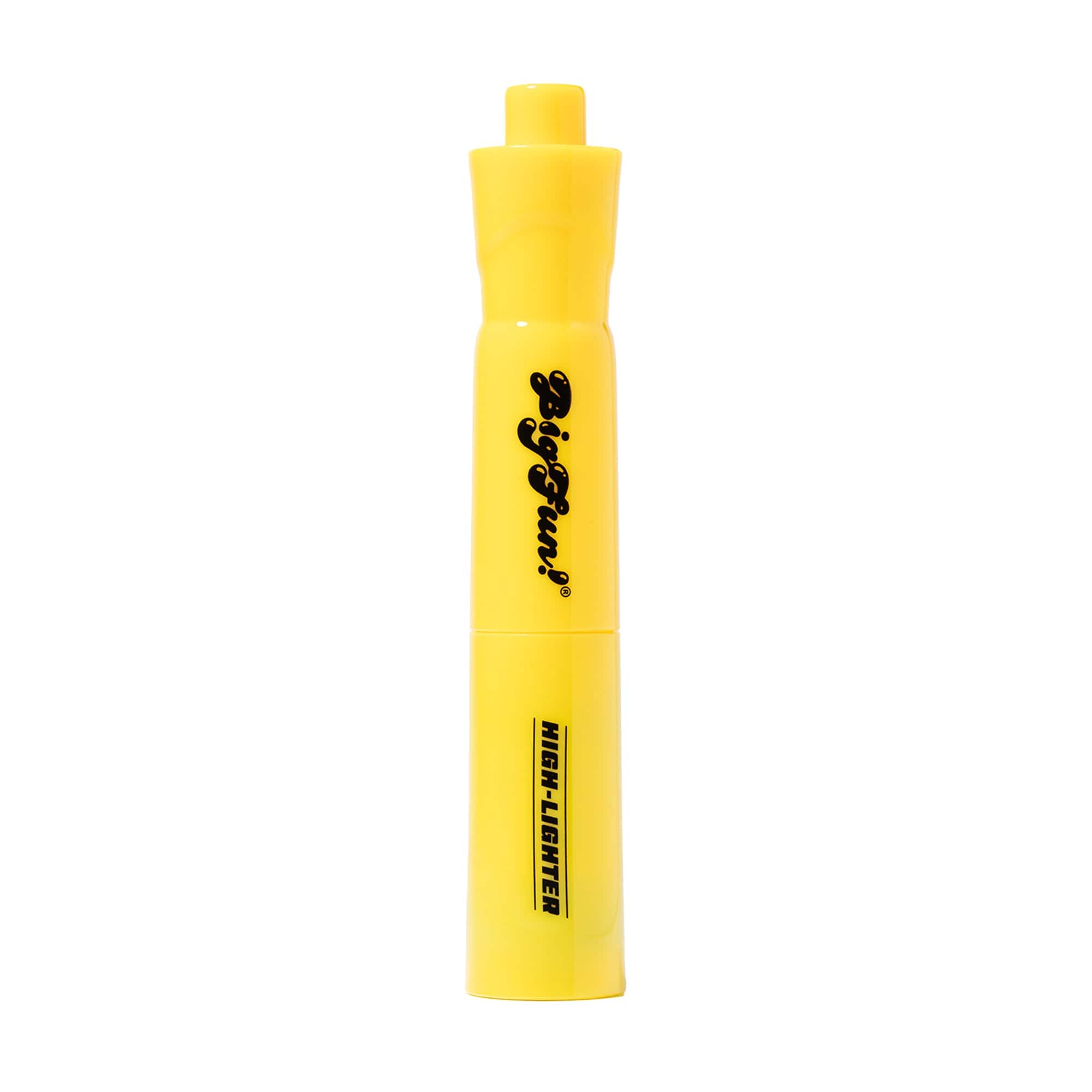 Close-up vertical crop of a bright yellow BIGFUN! High-Lighter Vaporizer against a white background showing its rounded tip and partial black logo.