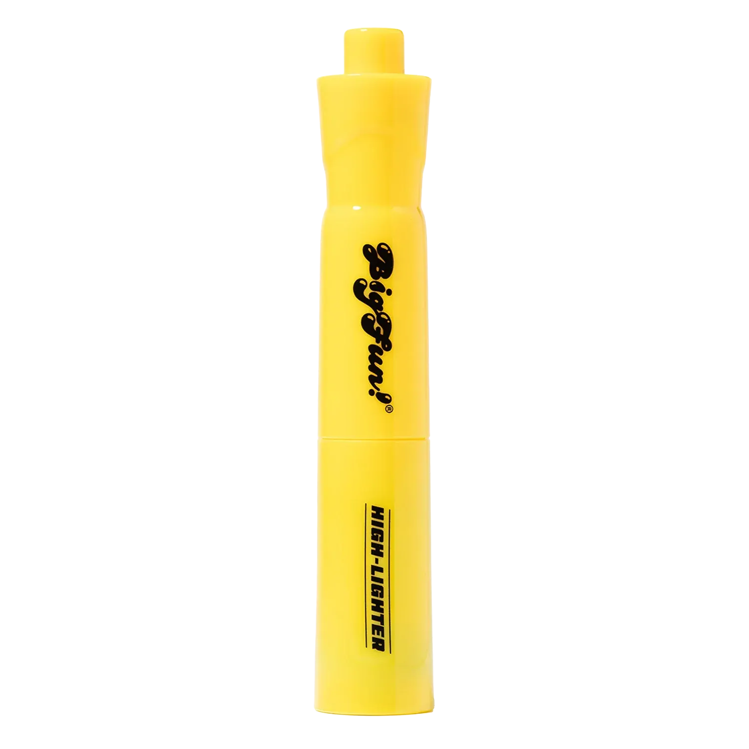 Vertical close-up of a bright yellow BIGFUN! High-Lighter Vaporizer standing centered against a white background, showing its rounded cap and black logo.