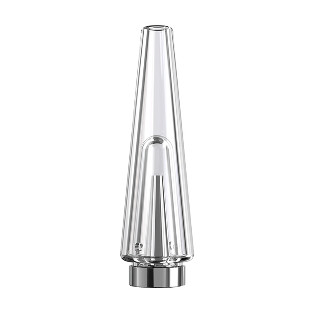Front-facing view of the clear glass Lookah Mini Unicorn Bubbler with a tapered cone shape and reflective metal base against a white background.