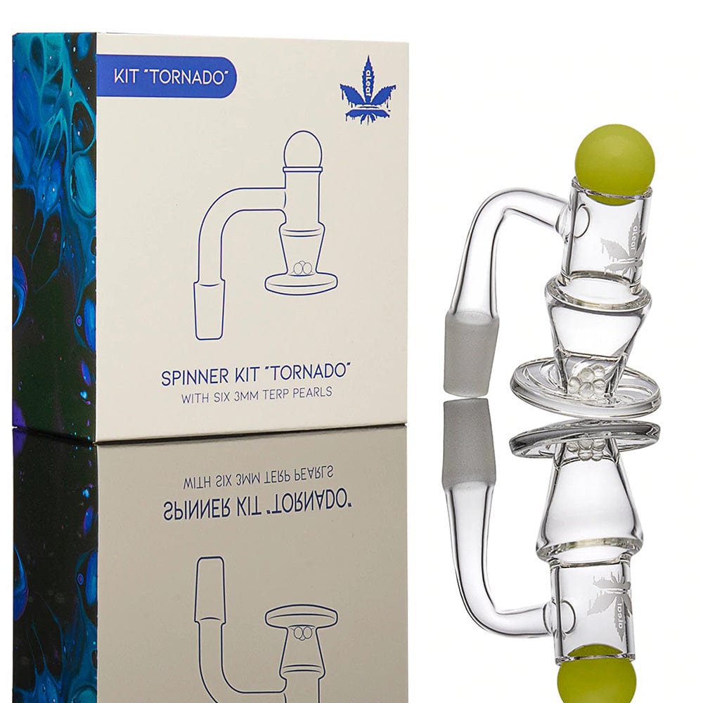 Front view of the Quartz Banger Spinner Kit, showing a clear quartz banger with a metal spinner inside.