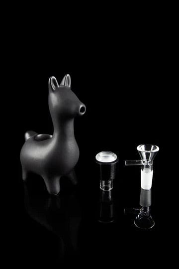 Front view of the Alpaca Bubbler, a sleek black ceramic bubbler shaped like an alpaca.