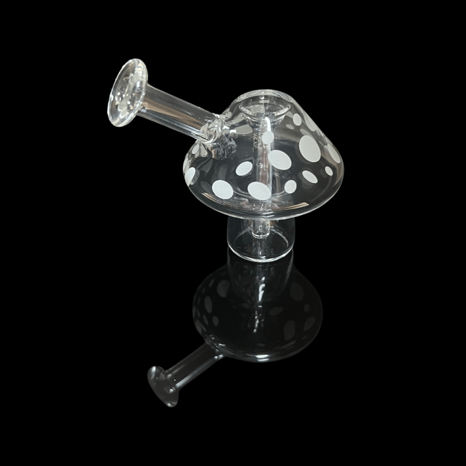 Front view of the "Mushroom" Glow-in-the-Dark Mini Bubbler, showcasing its clear glass construction and compact size.