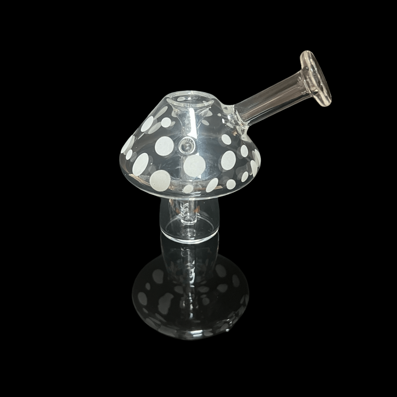 A front view of the “Mushroom” Glow-in-the-Dark Mini Bubbler, showcasing its compact size and unique, rounded glass shape.