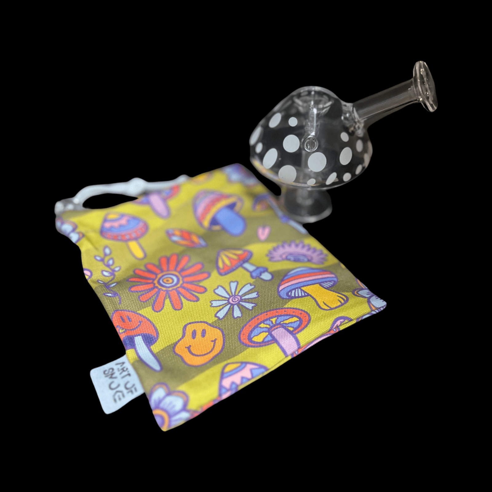 Front view of the “Mushroom” Glow-in-the-Dark Mini Bubbler, displaying a colorful, patterned design against a plain background.