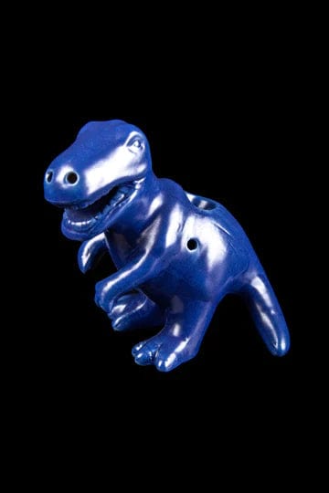 Front view of the Dino Pipe, a blue ceramic pipe sculpted into the shape of a dinosaur.
