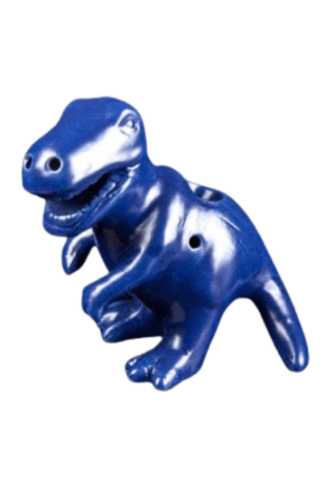 Front view of the Dino Pipe, a sculpted pipe resembling a blue dinosaur with a smooth finish.