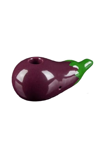 A studio shot displays the Eggplant Pipe from a low angle, highlighting its smooth, dark finish.