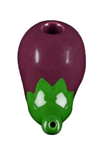 Front view of the Eggplant Pipe, a dark-colored, sculptural pipe presented against a black background.