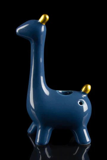 Front view of the Giraffe Hand Pipe, a blue ceramic with a reflective surface and unique sculptural shape.
