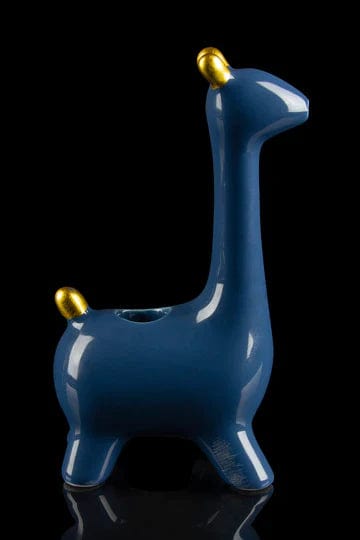 Front view of the Giraffe Hand Pipe, a sculpted ceramic pipe in glossy blue, reflecting light on its curved surface.
