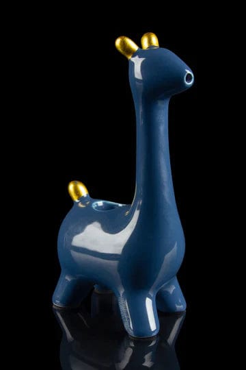 Front view of the Giraffe Hand Pipe, a glossy, blue ceramic piece reflecting on a dark surface.