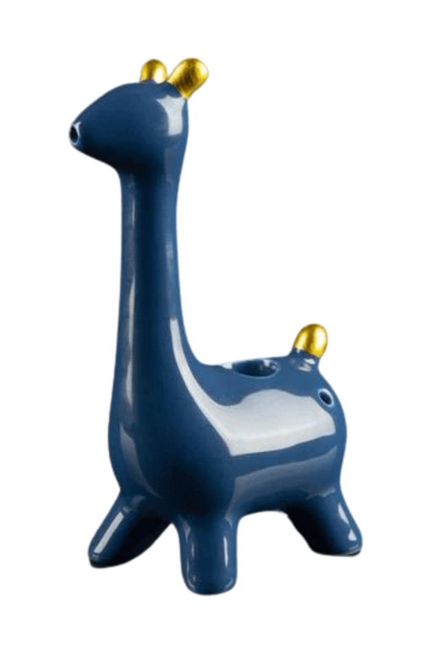 Front view of the Giraffe Hand Pipe, a sculpted ceramic pipe in a glossy blue finish.