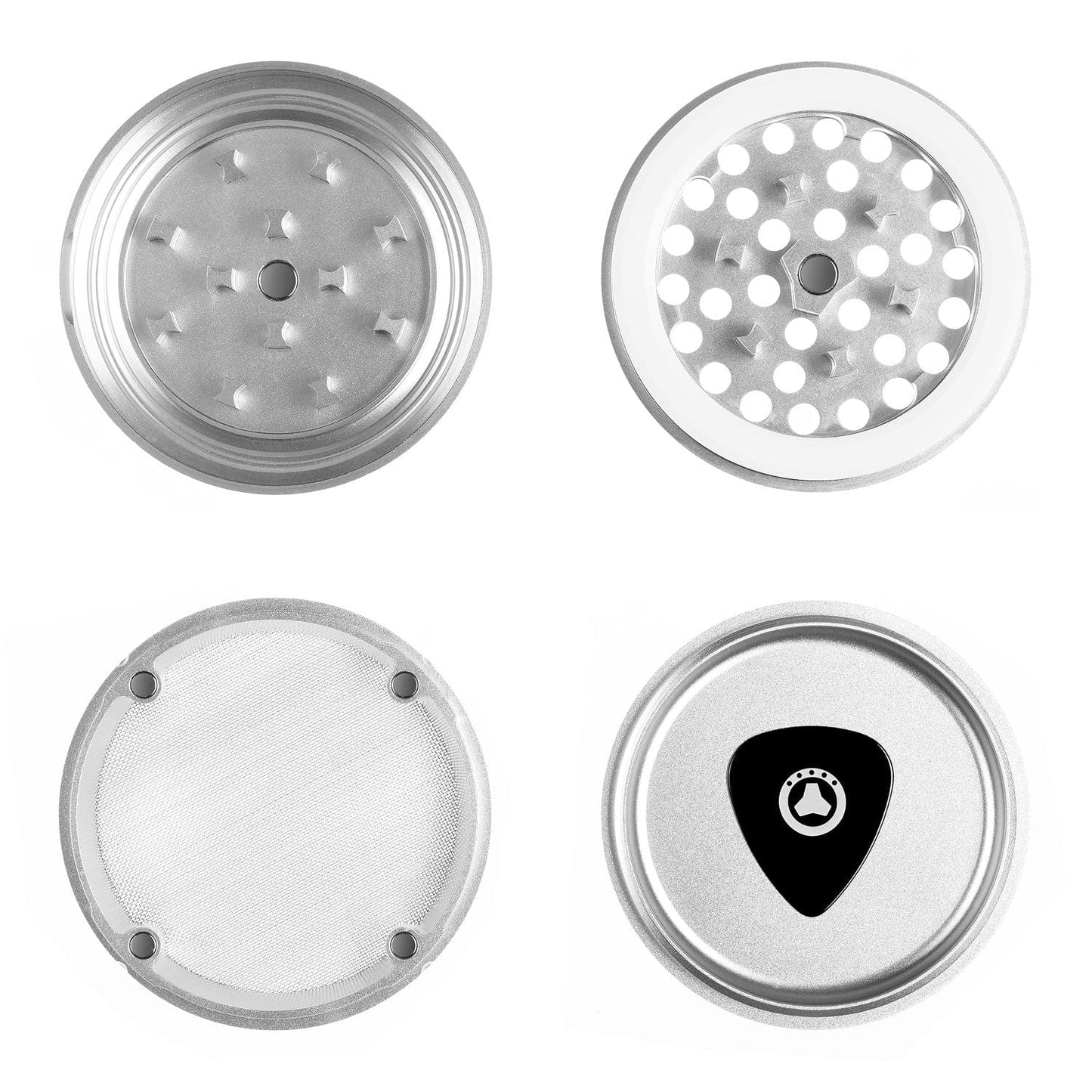 Overhead view of the 4 Piece Grinder, showing a silver metal grinder with a textured, circular grinding surface.