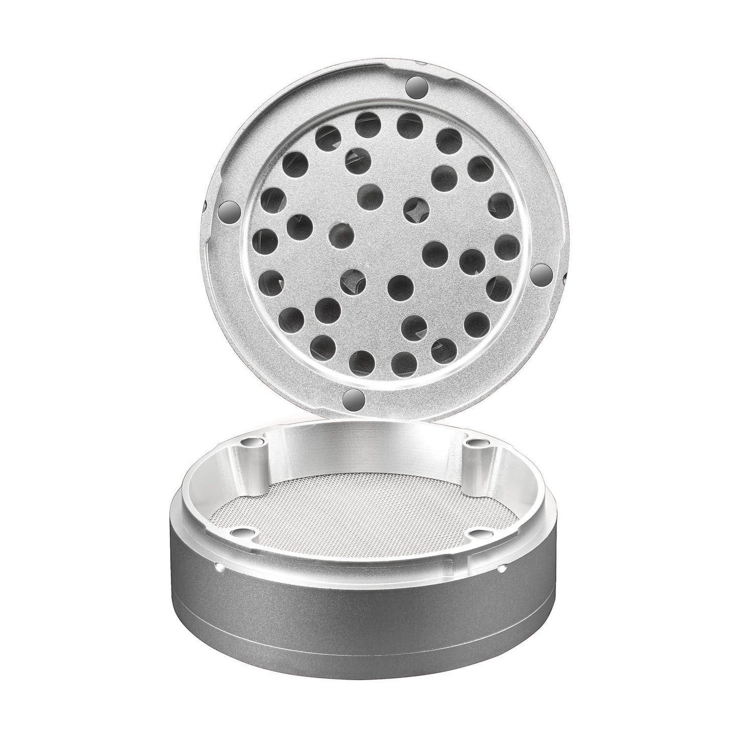 A top-down view of the 4 Piece Grinder, showcasing its multi-tiered metallic design against a plain white background.