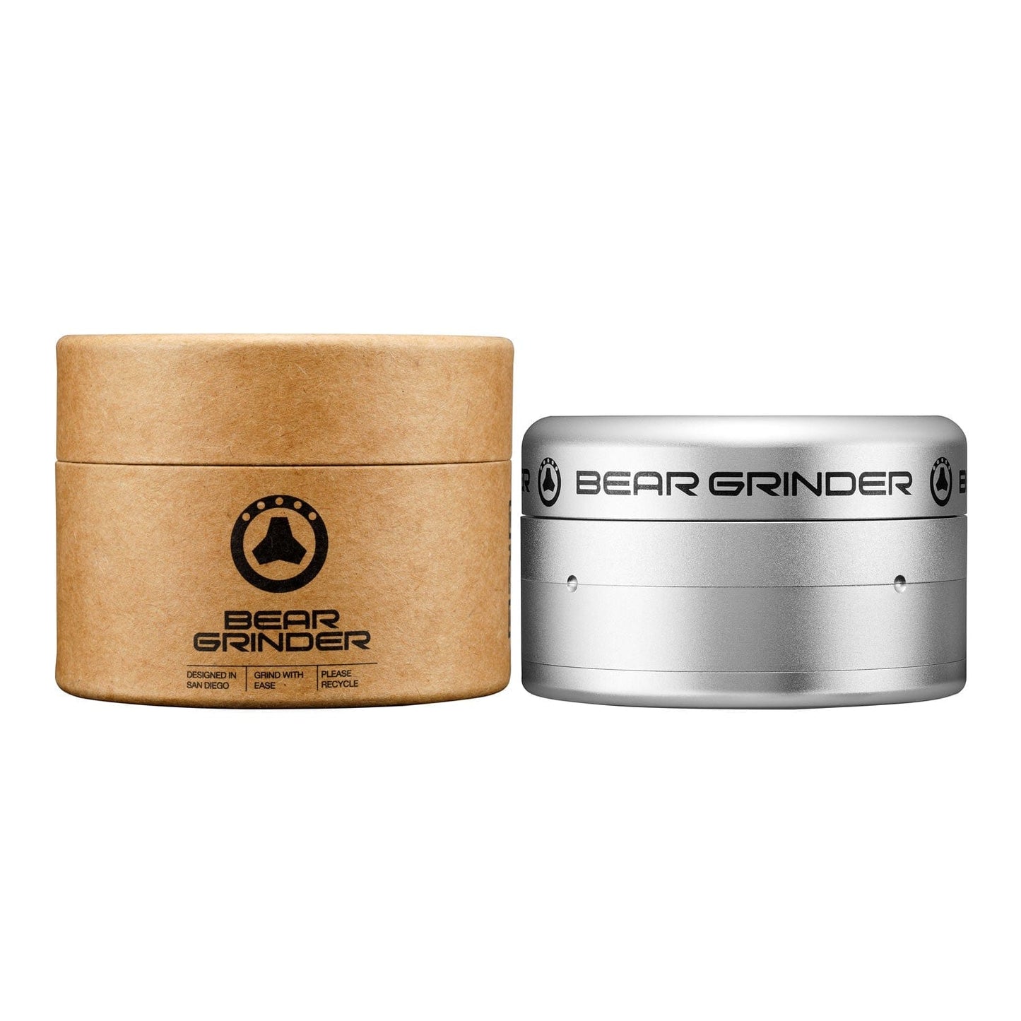 Front view of the 4 Piece Grinder, a silver metal grinder with a logo on top, isolated on a white background.