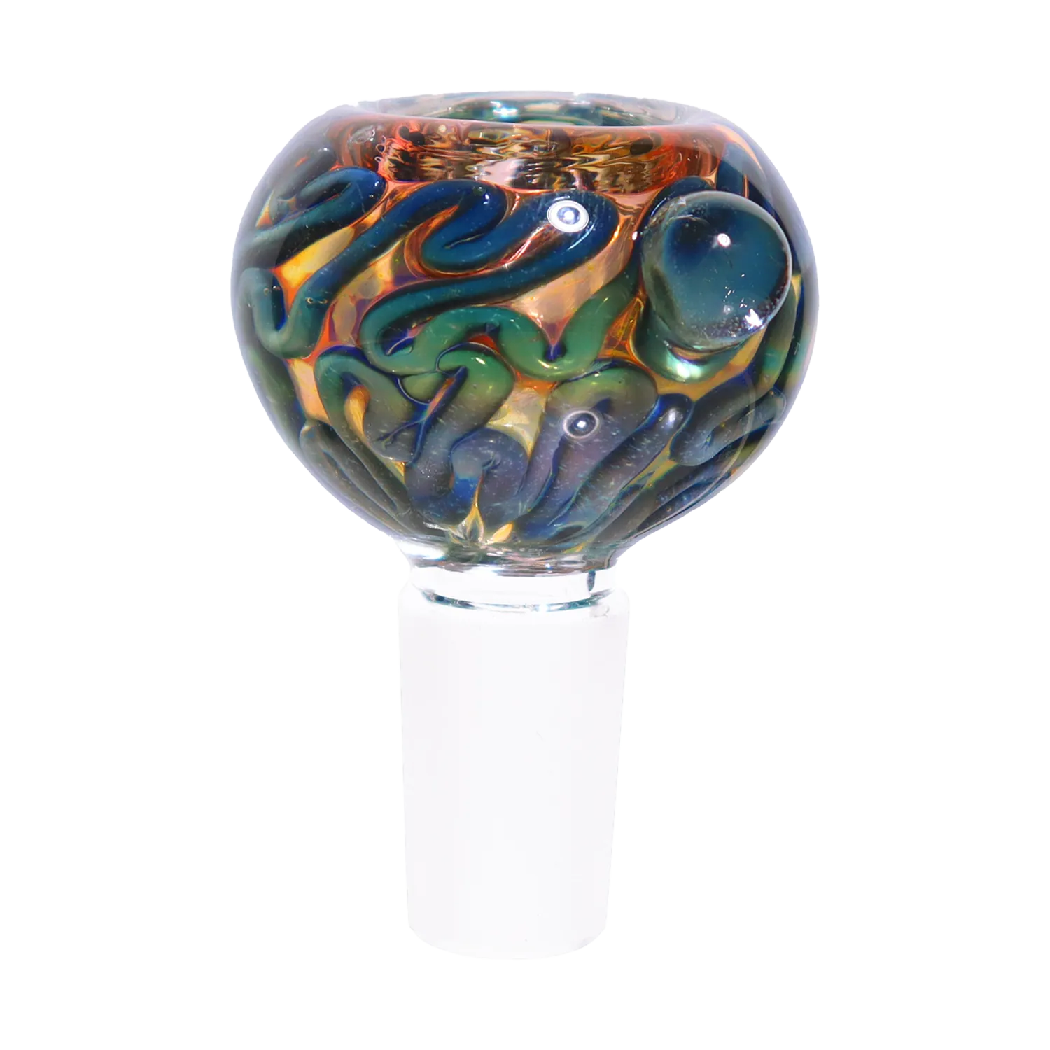 Top-down close-up of the DHC Pink Swirl Bowl - 14mm showing iridescent blue-green swirls and a rounded thumb rest against a white background