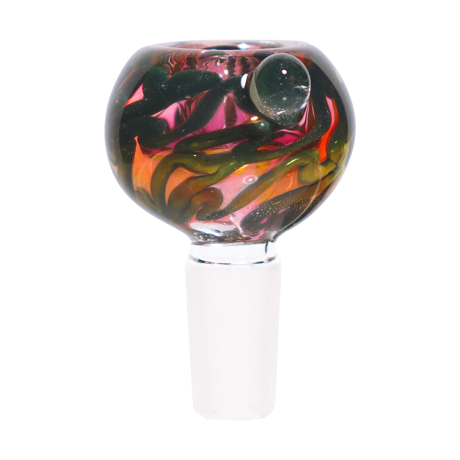 Close-up of the DHC Pink Swirl Bowl - 14mm showing a rounded glass bowl with pink, orange and green swirls and a single glass marble on a white background