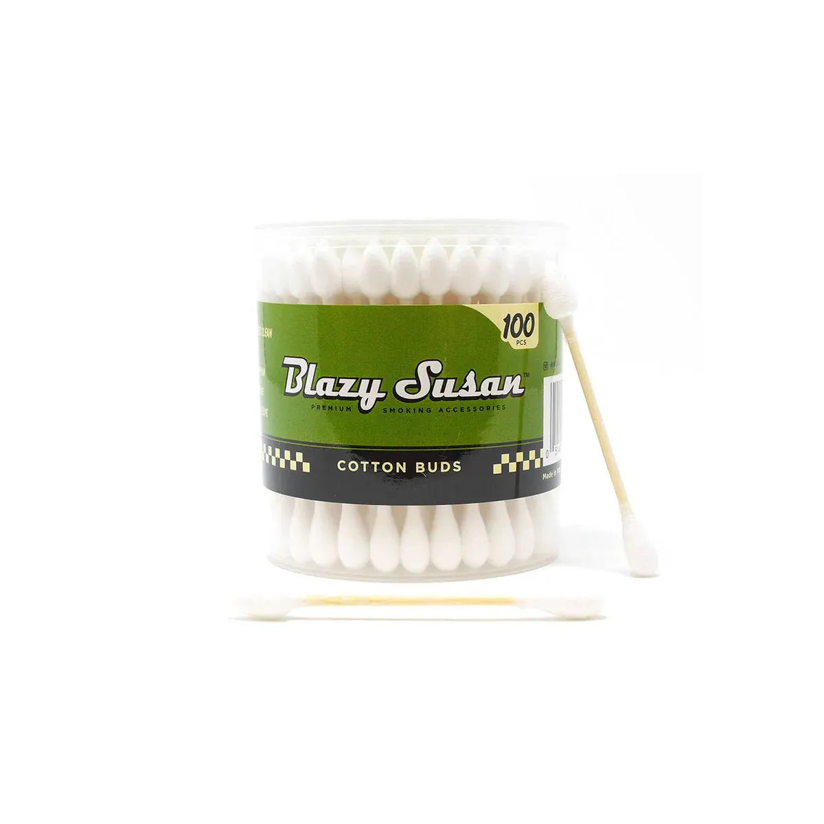 Center-front view of a clear tub of Blazy Susan White Cotton Buds - 100 Count with a green label, two cotton swabs laid in front and one leaning on the side.