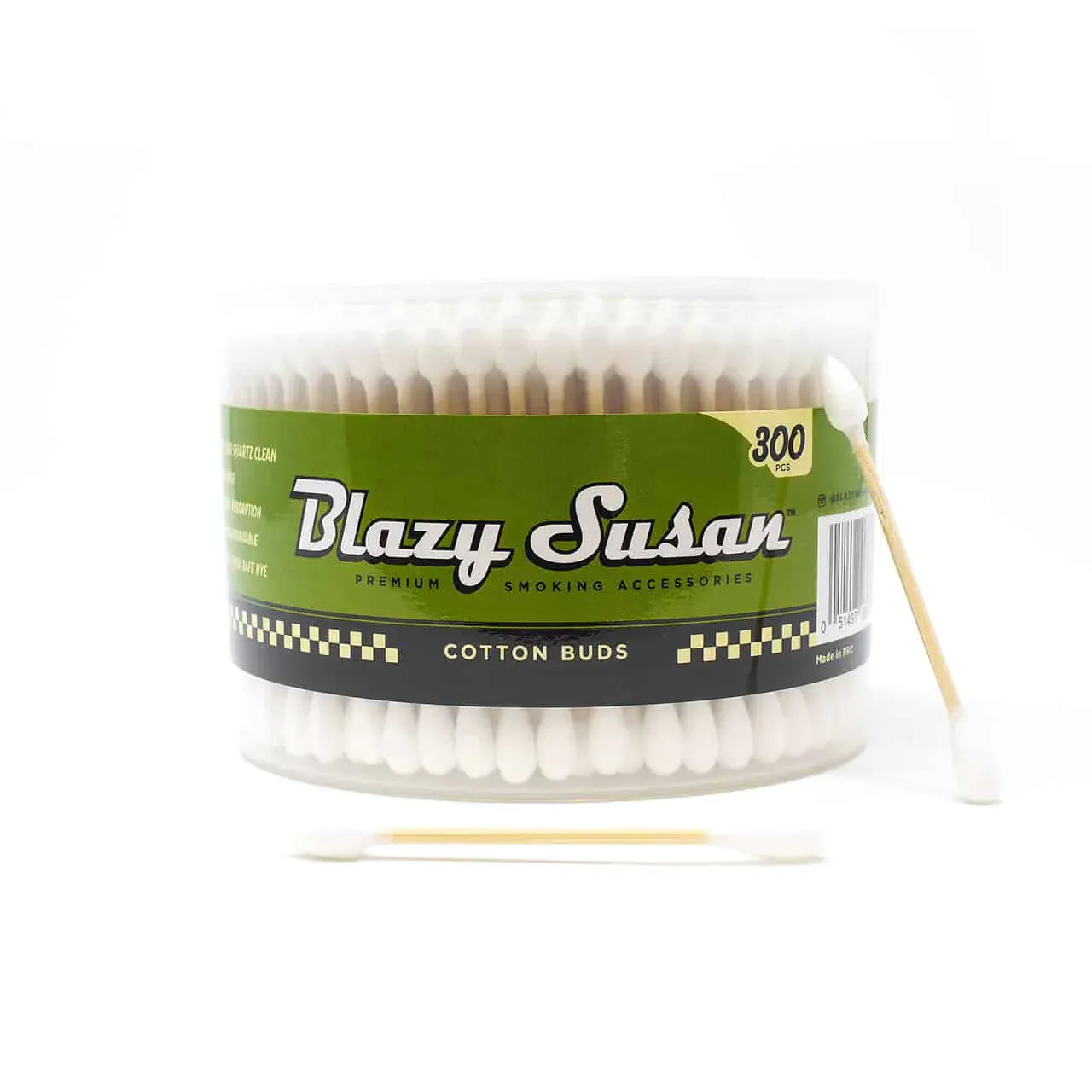Front view of a clear tub of Blazy Susan White Cotton Buds - 300 Count with a green label and two wooden-stem cotton swabs nearby.