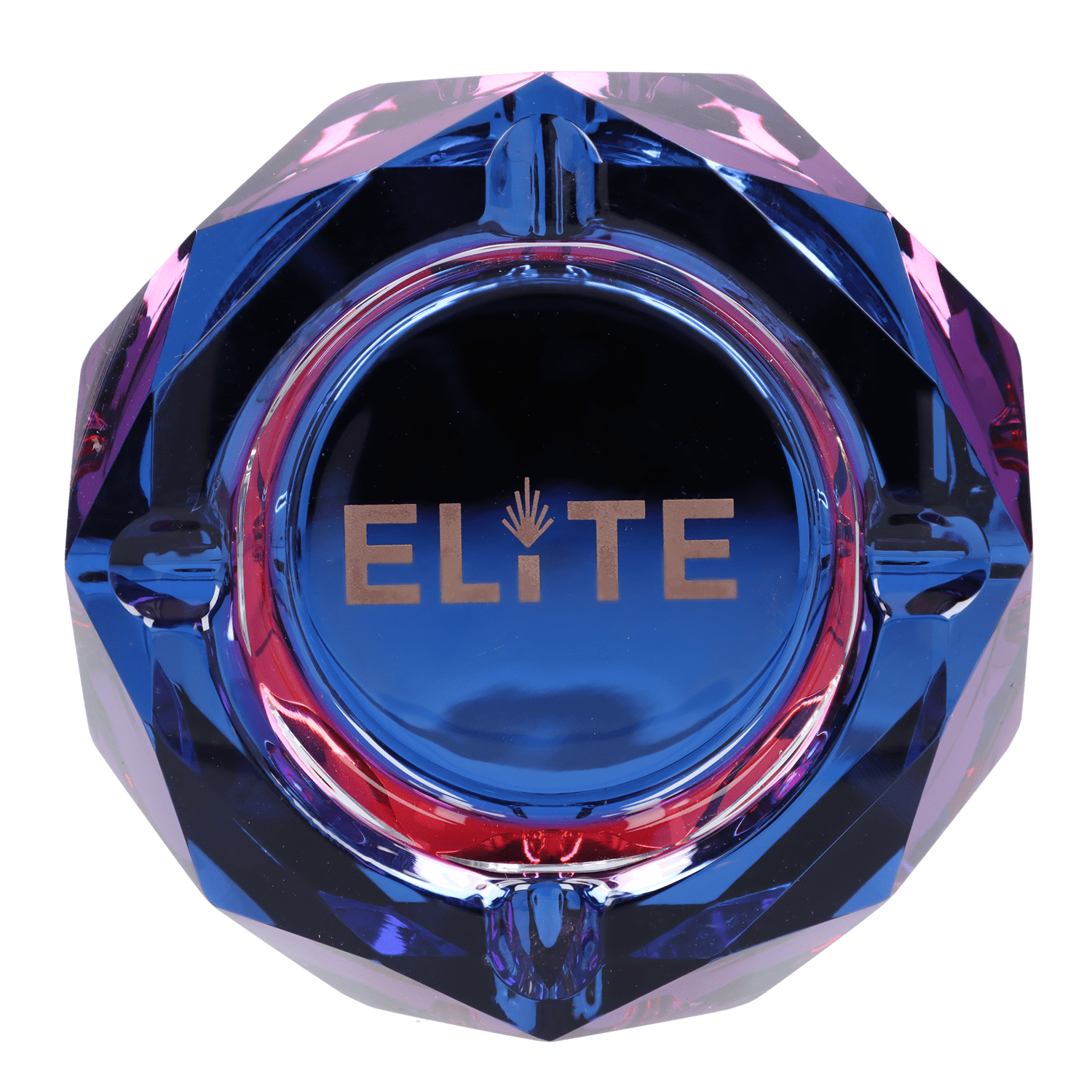 A top-down view of the Blue Elite Crystal Ashtray, showcasing its faceted, clear glass design.