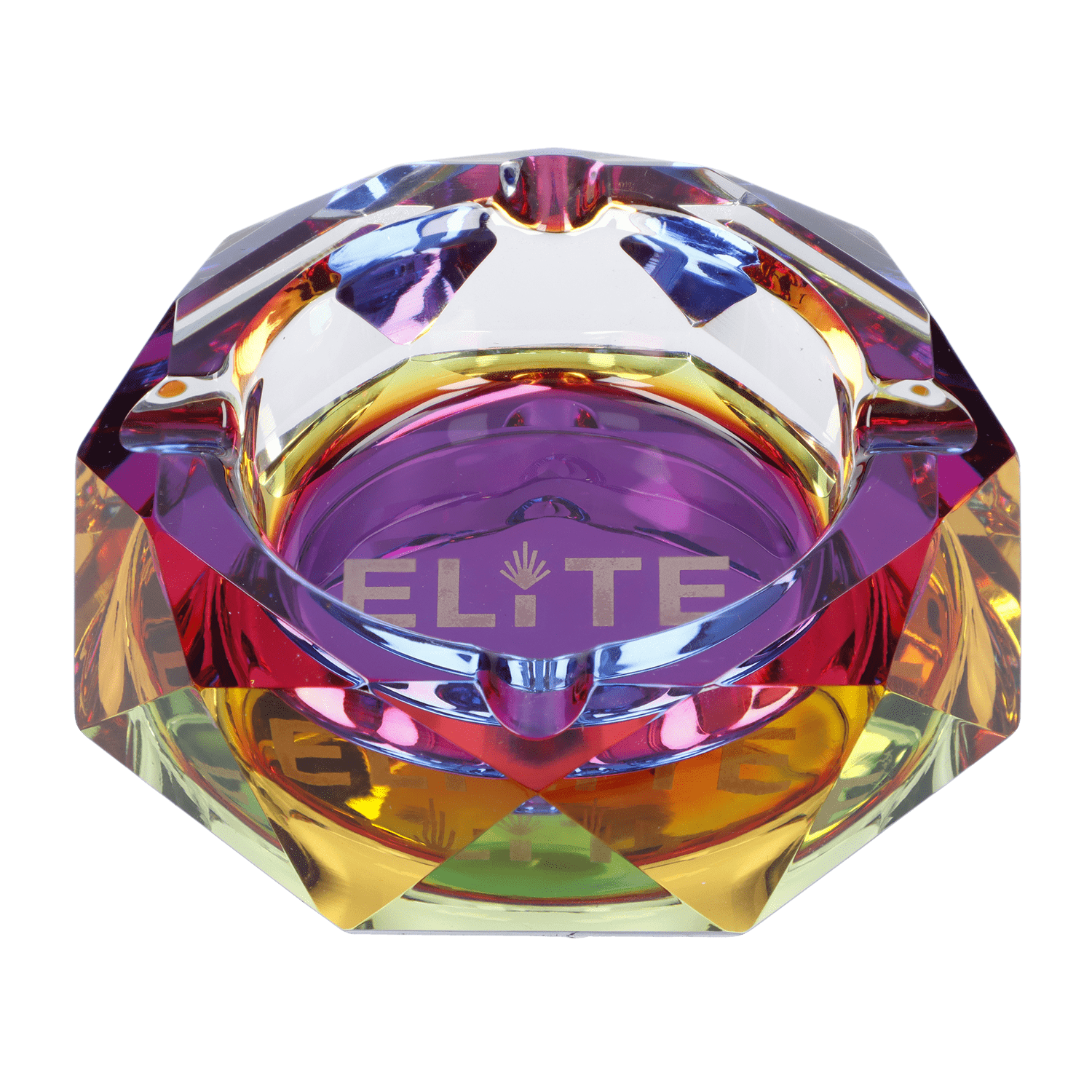 A close-up, angled view of the Blue Elite Crystal Ashtray, showcasing its faceted, transparent design.