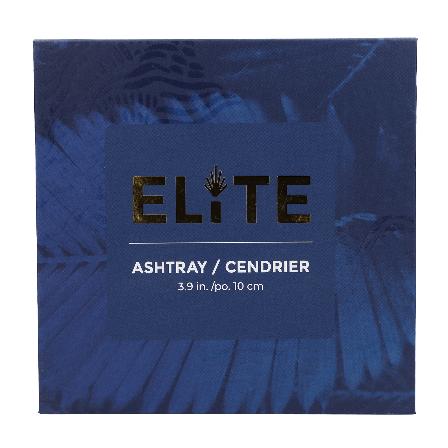 Front view of the Blue Elite Crystal Ashtray, showcasing its sleek, modern design against a dark backdrop.