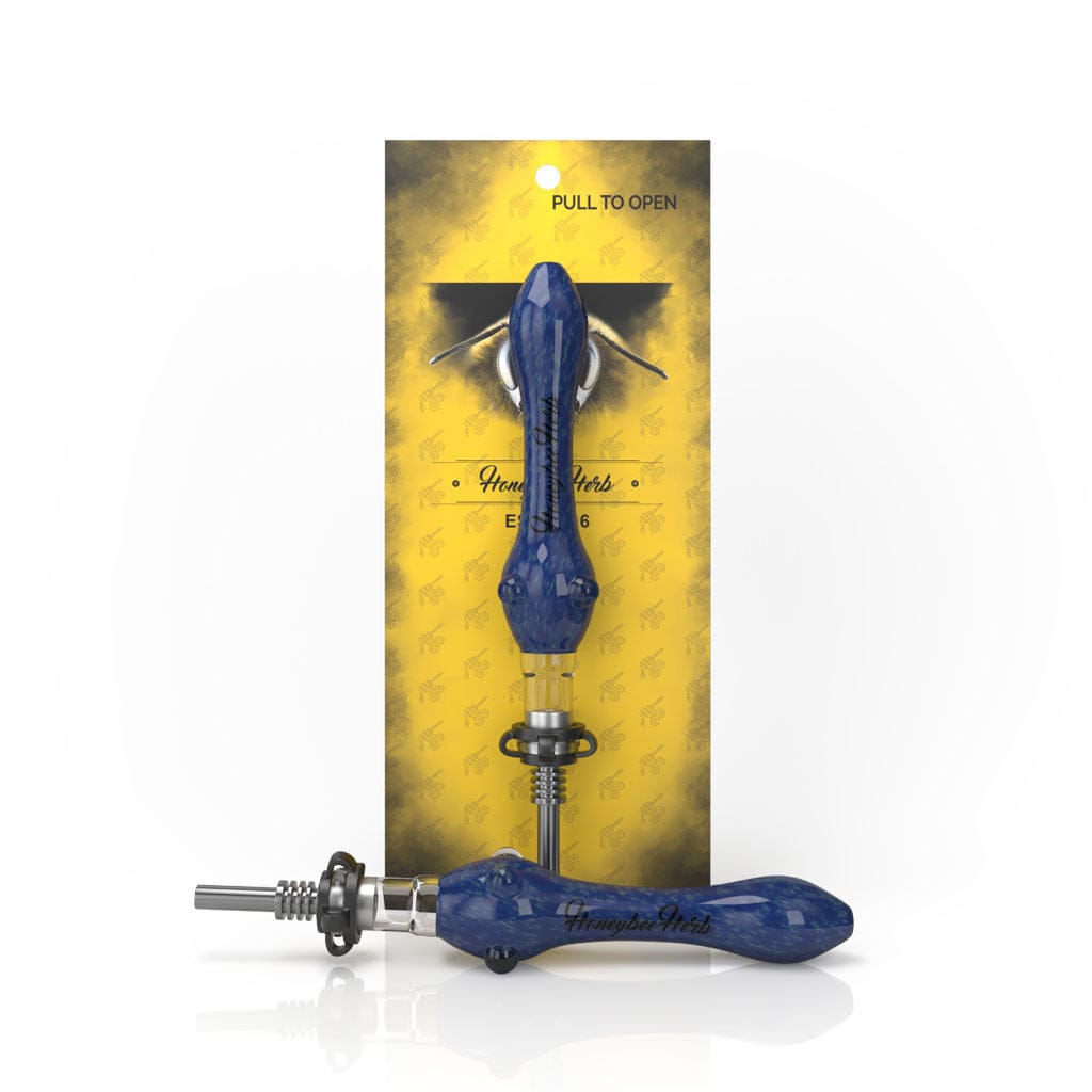 Front view of the Speckled Glass Nectar Collector displayed upright on its yellow branded card with a second blue speckled piece lying in front.