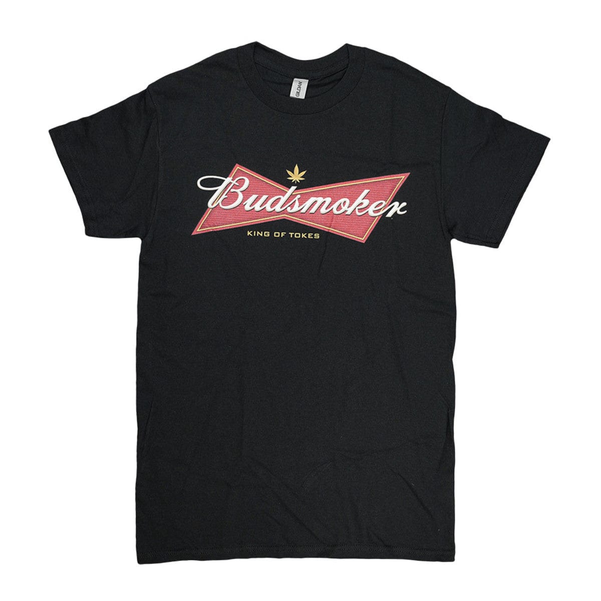 Front view of the Brisco Brands Budsmoker T-Shirt, a dark-colored crew neck tee with a simple design.