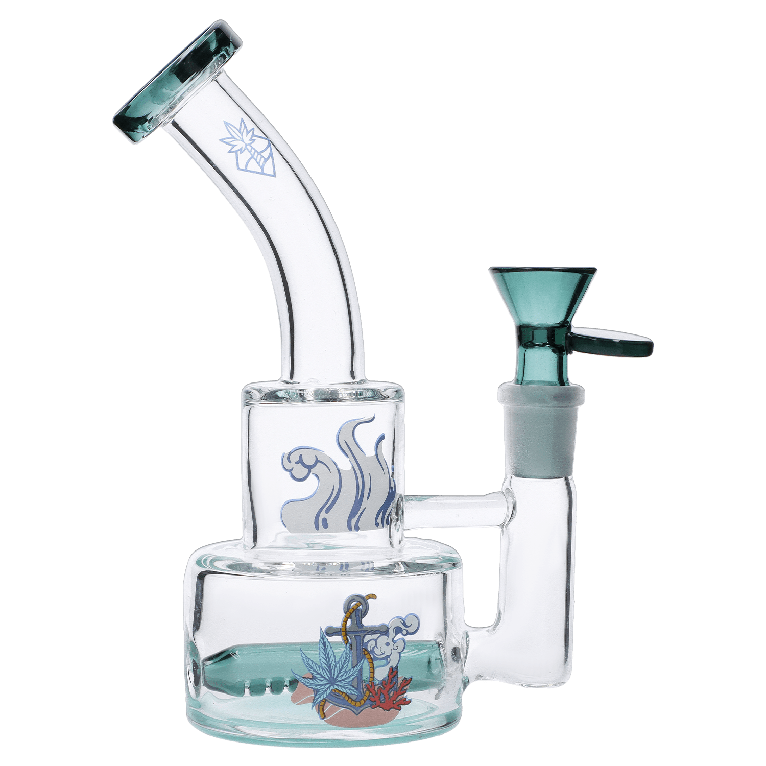 The Parasol Dab Rig is shown in a three-quarter view, featuring a clear glass construction with a colorful underwater scene depicted within.