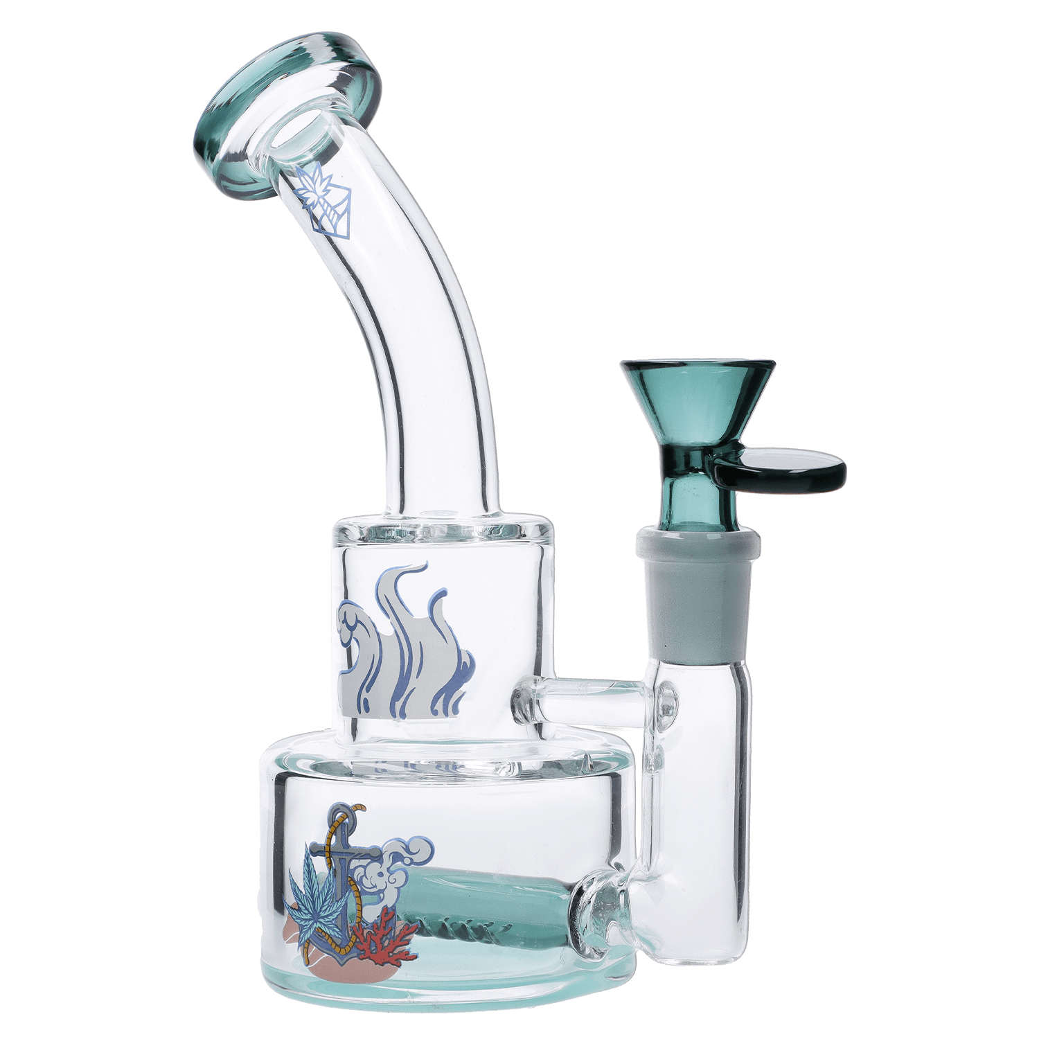The Parasol Dab Rig is shown in a three-quarter view, featuring a clear glass construction with a colorful, artistic base design.