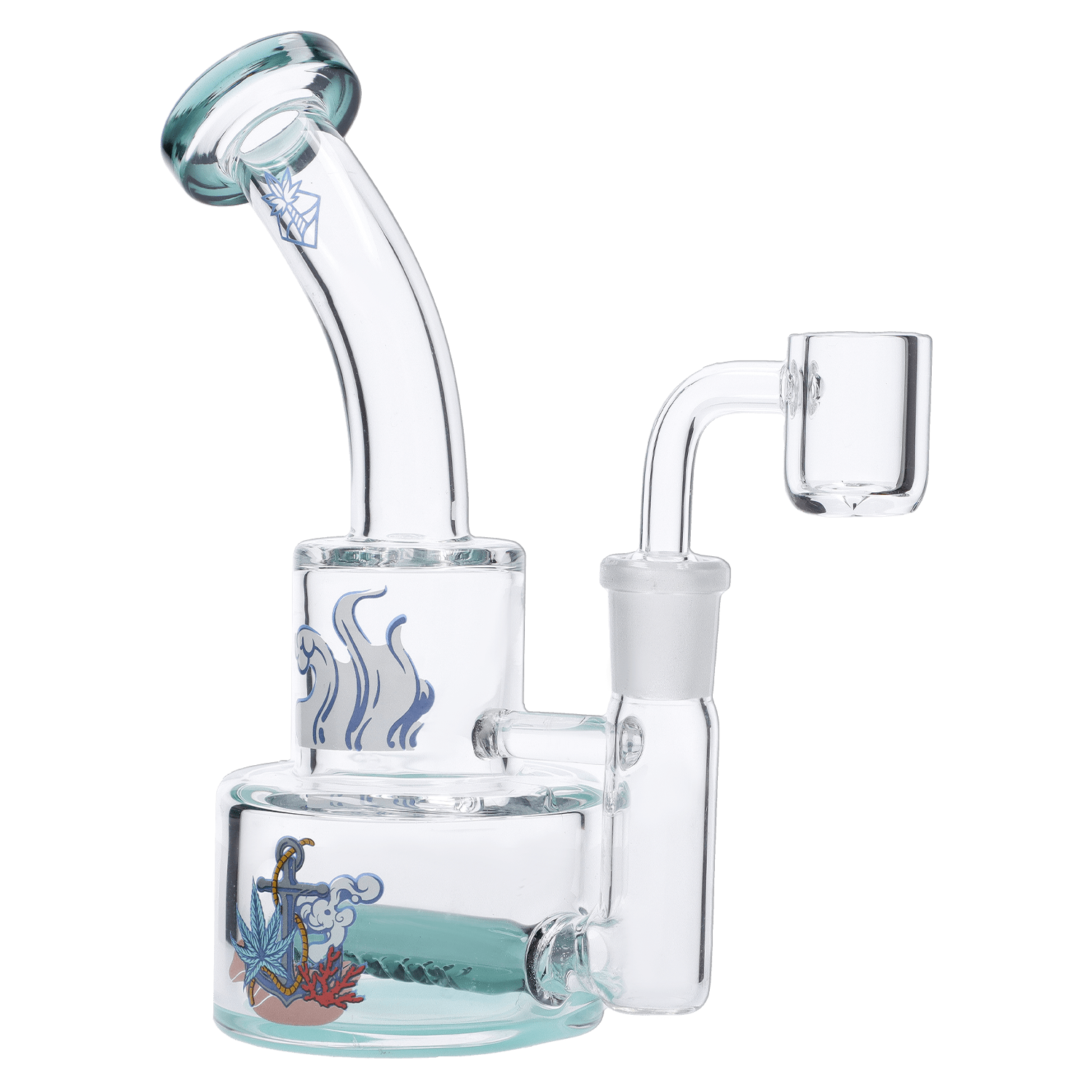The Parasol Dab Rig is pictured in a three-quarter view, showing the clear glass rig with a unique bubble base and accompanying dab nail.