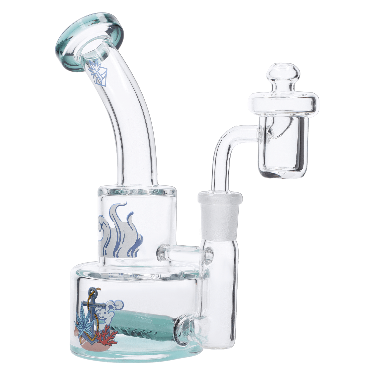 The Parasol Dab Rig is displayed in a side view, featuring clear glass and a decorative aquatic design.
